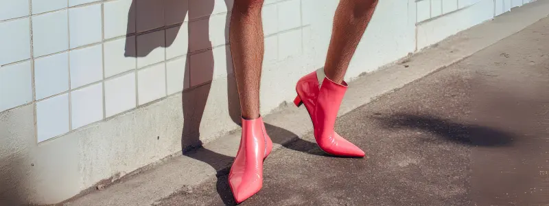 Unshaven male legs in pink patent leather heels with narrow heels, striking a pose.