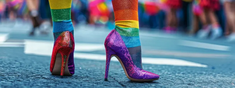 A close-up of legs in rainbow-colored tights and colorful sparkling high heels, with a Pride march in the background.