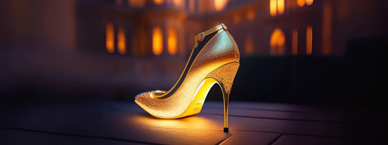 A beautiful, almost fairy-tale-like golden high-heeled shoe against the backdrop of the evening city lights.