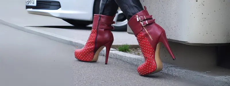 Bold red ankle boots with high heels, featuring a distinctive design made of two materials, small studs, and leather straps at the top.