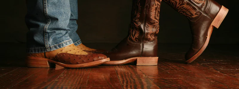 Winter Heels Trends: Cozy & Simple 3 Two people wearing traditionally decorated American leather cowboy boots in varying intensities of design.