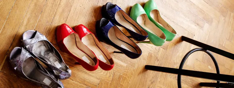 Purple, red, green, and blue high-heeled shoes