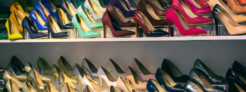 Two shelves in a walk-in closet packed with shiny stiletto heels in various colors and styles.