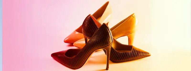 Two pairs of stylish stiletto heels with pointed toes in brown and pastel shades.