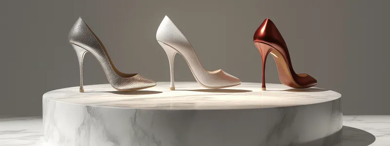 A round marble shelf resembling a podium with three stiletto heels in silver, white, and copper colors.