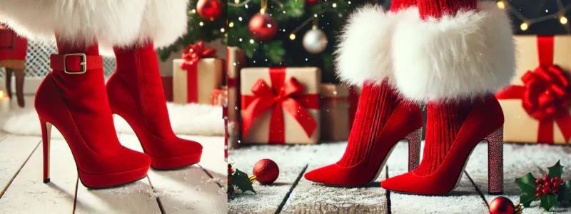 Two designs of high-heeled shoes inspired by Santa Claus: in red with white furry accents, set against the backdrop of a Christmas tree and presents.