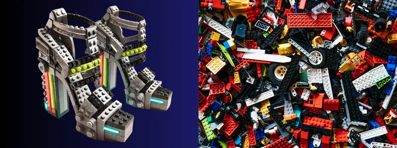 LEGO Heels: Creative Masterpiece 3 A large number of scattered colorful bricks and high-heeled shoes made from them in a Star Wars style.