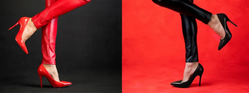 Stiletto Heels: Remarkable Symbol 4 Legs positioned opposite each other, one in red leggings and the other in black, set against matching red and black backgrounds.