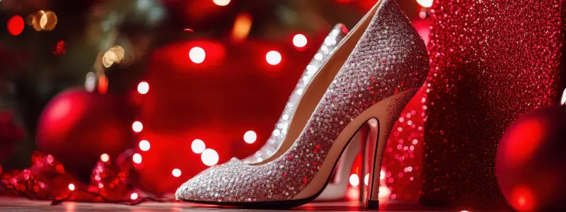 A glitter silver high-heeled shoe as a Christmas gift, with baubles and lights in the background.