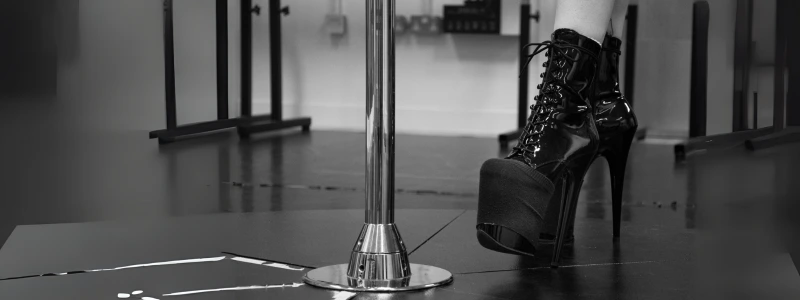 A black-and-white photo of black patent high heels with a platform designed for pole dancing.