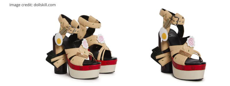 High-heeled sandals inspired by the anime character Naruto, featuring funny pins and a vibrant mix of warm colors.