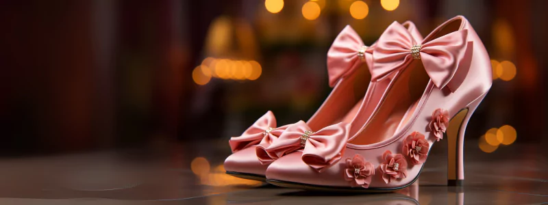 High powder-pink heels adorned with large bows on the front and back, along with tiny, sweet pink flowers on the sides.