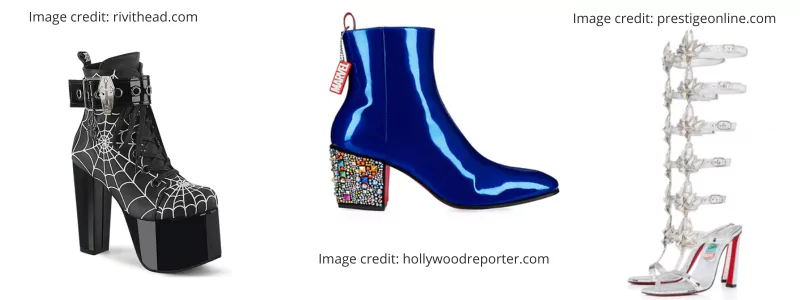 Various high heels inspired by characters from Marvel comics and movies.