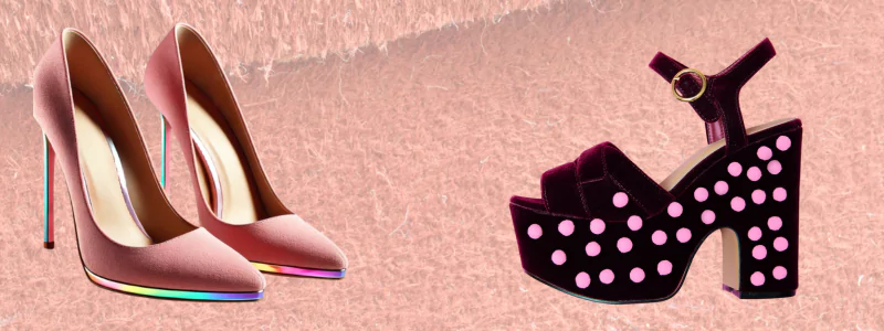 Suede heels: Indulgent Softness 3 Two pairs of different pink suede heels: one high for special occasions, the other sandals with a wide heel.