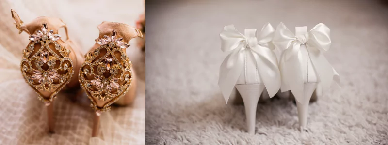 Examples of wedding high heels featuring clip-on shining jewelry and a large decorative white bow.