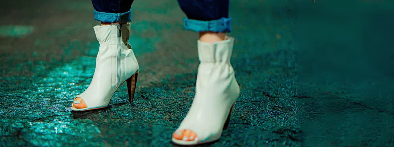 White ankle-high heels with open toes and painted toenails on wet cobblestones.