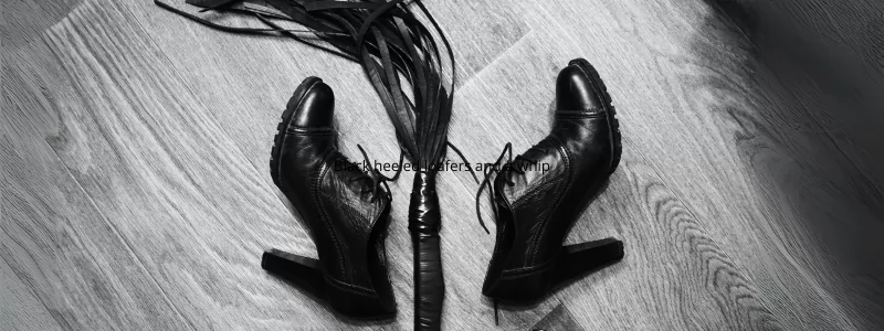 Black comfortable leather heeled loafers and a black braided whip lying on the floor, ready before a domina's work.