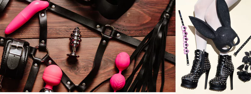 Dominatrix accessories such as a mask, sexy femdom heels, chokers, whips, handcuffs and sex toys