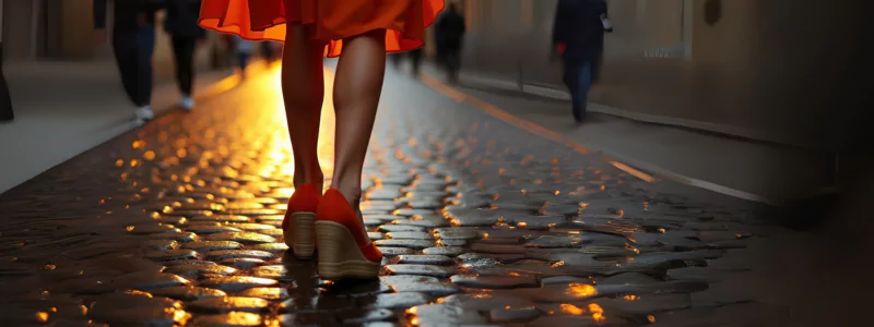 Superb Espadrille Heels for Every Occasion 2 A woman in a red dress and red heeled espadrilles walks along a cobblestone sidewalk during sunset.