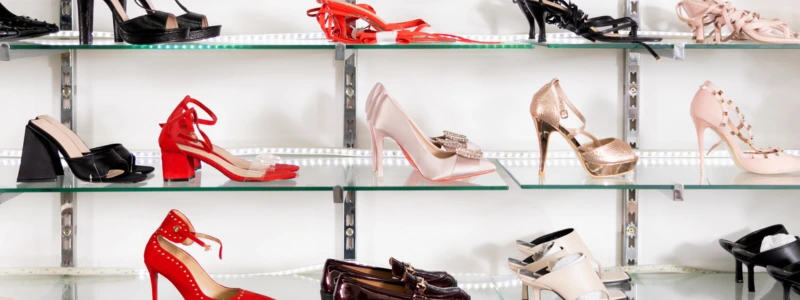 Display of elegant high‑heeled unisex shoes in various colors arranged on glass shelves in a fashion boutique