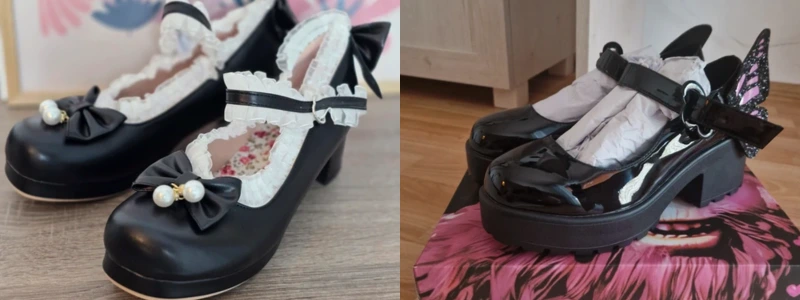 Black platform Mary Jane heels with lace trim, bow and pearl decoration, chunky heel kawaii style shoes: Mary Jane Heels for Men